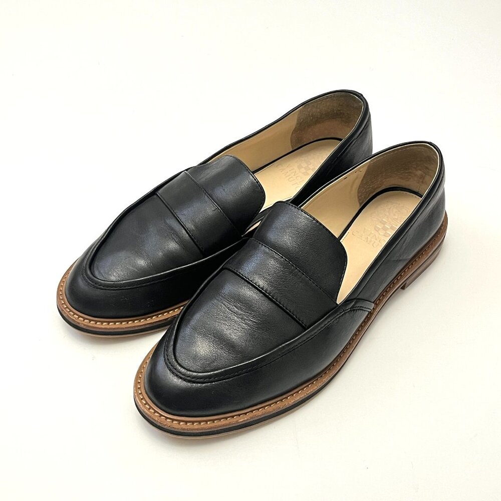 Vince Camuto Womens Jorda Loafers Black Leather Slip On Shoes Size 8M Wide